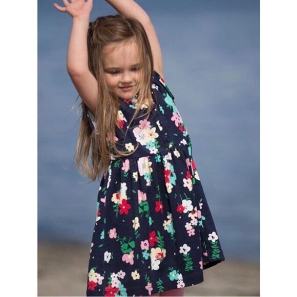 Hanna Andersson Kids Girls 7/8 (130) Navy Knit Floral Dress with Button Plaquett - Picture 1 of 10